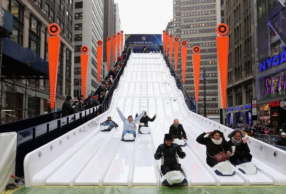 Toboggan run in the middle of Times Square? Why not? It's the Super Bowl!(Christian Petersen/Getty Images)