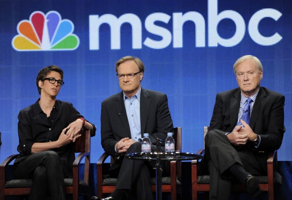 Tufts professor of political science Jeff Berry says hosts like MSNBC's Rachel Maddow (left), Lawrence O'Donnell (center) and Chris Matthews (right) appeal to liberal viewers by confirming their beliefs. (Chris Pizzello/AP)