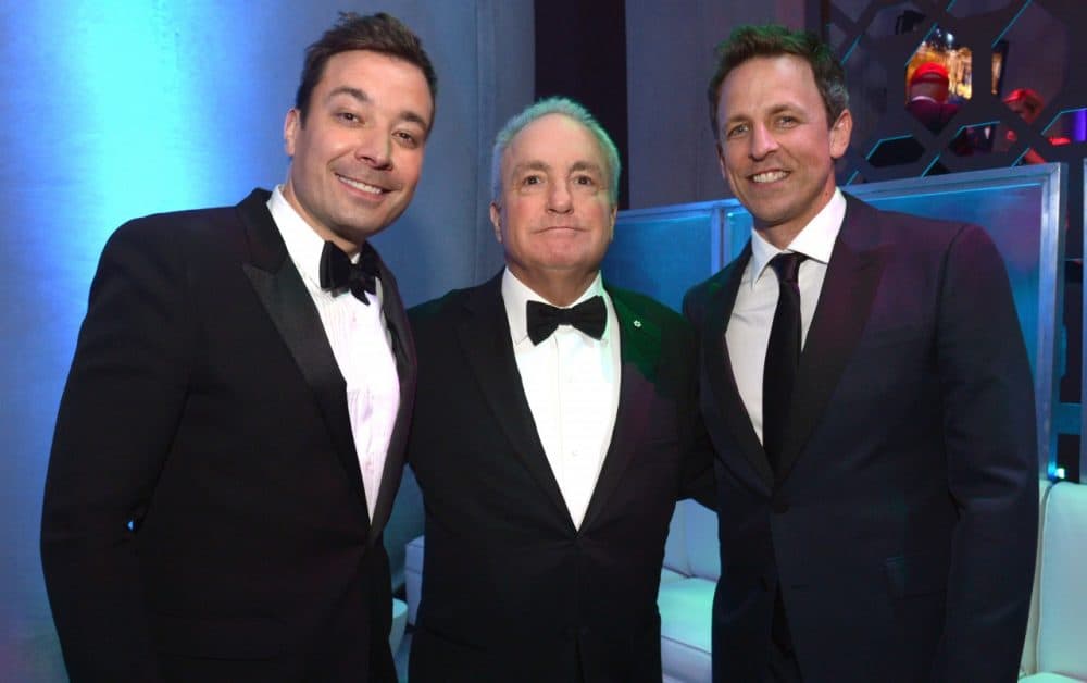 Jimmy Falon, Lorne Michaels, and Seth Meyers are pictured on January 12, 2014 in Beverly Hills, California. (Jason Kempin/Getty Images for NBCUniversal)