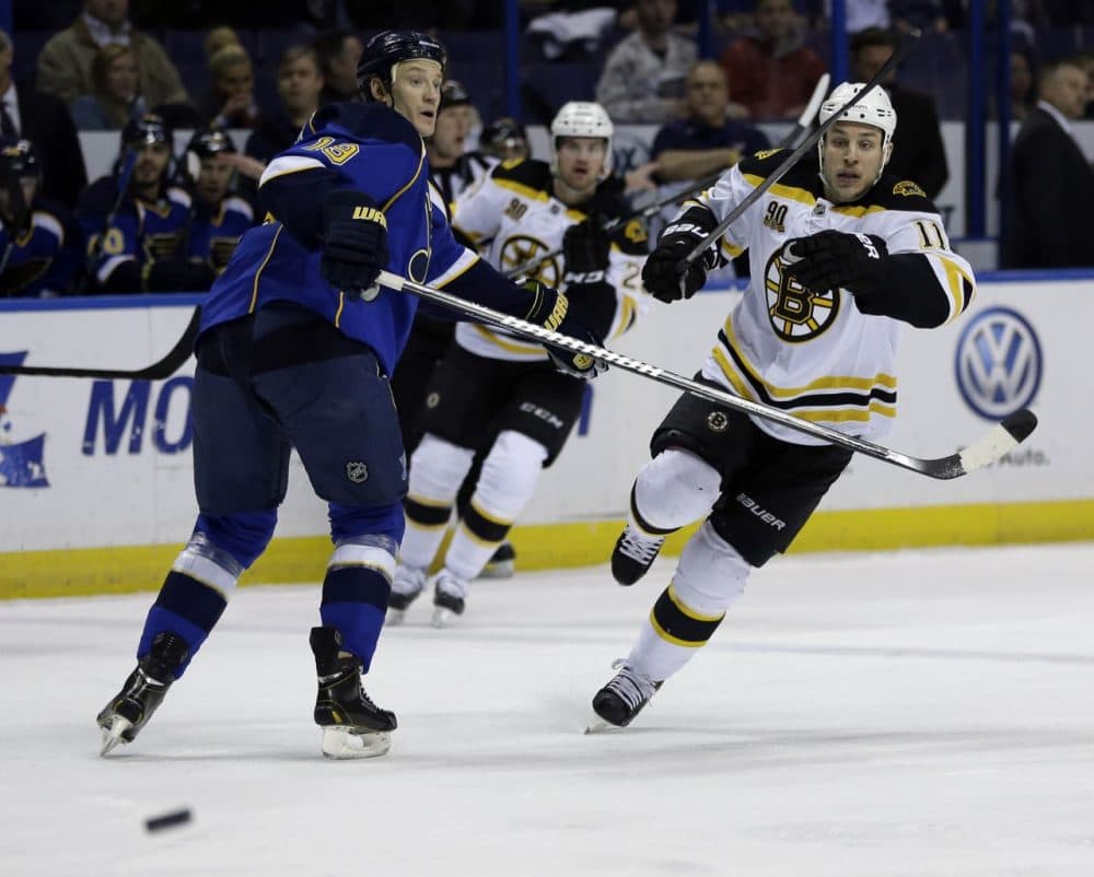 Boston Bruins' Gregory Campbell, right, and St. Louis Blues' Jay Bouwmeester, left, look for a loose puck. (AP/Jeff Roberson)