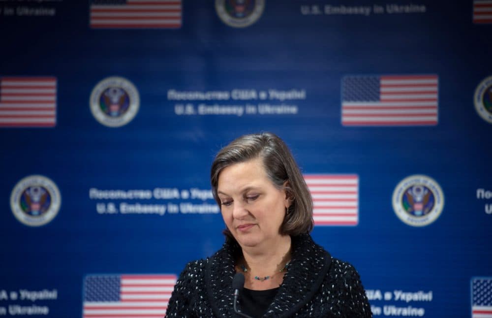 US State Department Assistant Secretary of State for European and Eurasian Affairs Victoria Nuland looks at her notes during a press conference at the US Embassy in Kiev on February 7, 2014. Washington's top diplomat in Europe on February 7 refused to comment on a leaked phone conversation in which she used the f-word in regards to the EU's handling of the Ukraine crisis. AFP PHOTO MARTIN BUREAU (Martin Bureau/AFP/Getty Images)