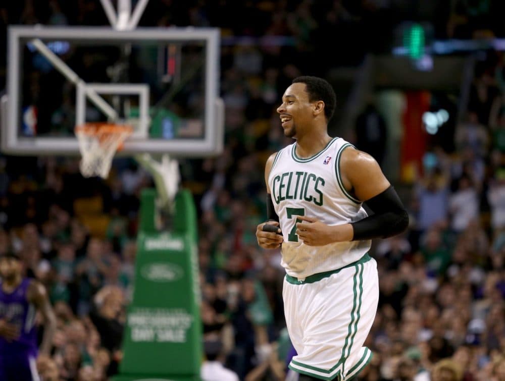 Boston Celtics center Jared Sullinger reacts after making a basket during the second half of an NBA basketball game against the Sacramento Kings. (Mary Schwalm/AP)