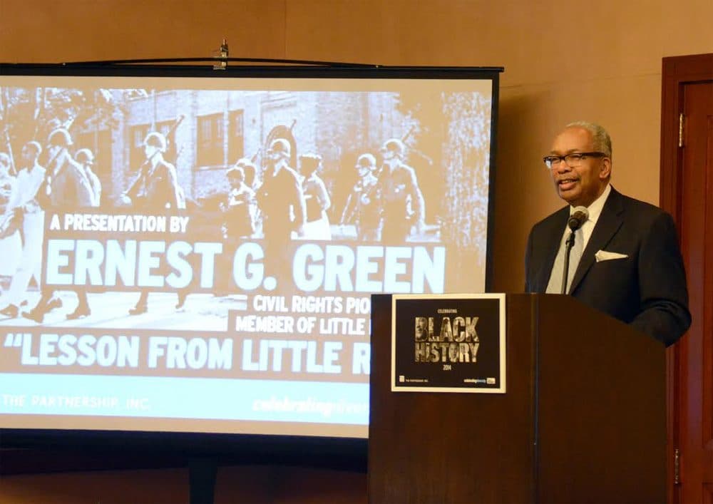 Ernest Green, one of the Little Rock Nine, gives a speech Monday at the Logan Airport Hilton Hotel. (Courtesy Massport) 