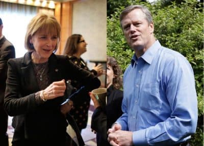 Democrat Martha Coakley bests Republican frontrunner Charlie Baker in a hypothetical general-election match up 39 to 30 percent, down from the 15-point edge she had on Baker in a WBUR survey in March. (AP)