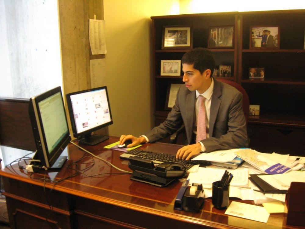 Daniel Arrigg Koh works to help Mayor Marty Walsh embrace social media. (Sacha Pfeiffer/WBUR)