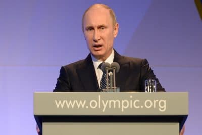 Russian President Vladimir Putin delivers his speech at the IOC President's Gala Dinner on the eve of the opening ceremony of the 2014 Winter Olympics, Thursday, Feb. 6, 2014, in Sochi, Russia. (AP)