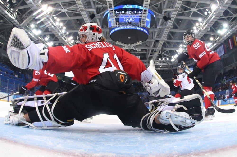 Swiss goaltender Florence Schelling made 45 saves against Canada on Monday, but it wasn't enough. (Bruce Bennett/Getty Images)