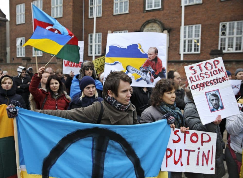 Sympathizers and Ukrainians living in Denmark demonstrated March 4. 2014 in front of the U.S. Embassy in Copenhagen. (Jens Dresling /POLFOTO) DENMARK OUT/AP)