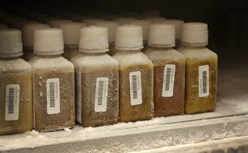 Bottles of frozen human stool for fecal transplants at the nation’s first stool bank, OpenBiome. (Gabrielle Emanuel/WBUR)