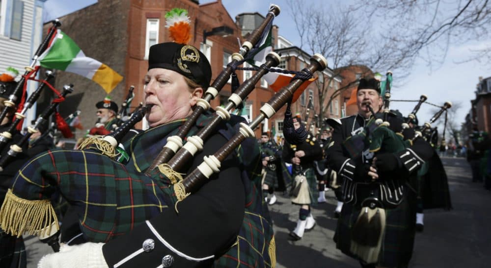 Members of the Catamount Pipe Band performing in the St. Patrick’s Day parade, in Boston's South Boston neighborhood, March 17, 2013. (Steven Senne/AP)