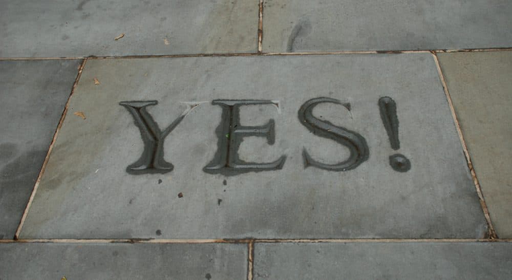 The word &quot;Yes!&quot; is etched into the stone walk at the entrance to Hargadon Hall at Princeton University. The building was named for longtime dean of admissions Fred Hargadon. During Hargadon's tenure, acceptance letters were legendary for beginning with the single word, &quot;Yes!&quot; (Joe Shlabotnik/flickr)