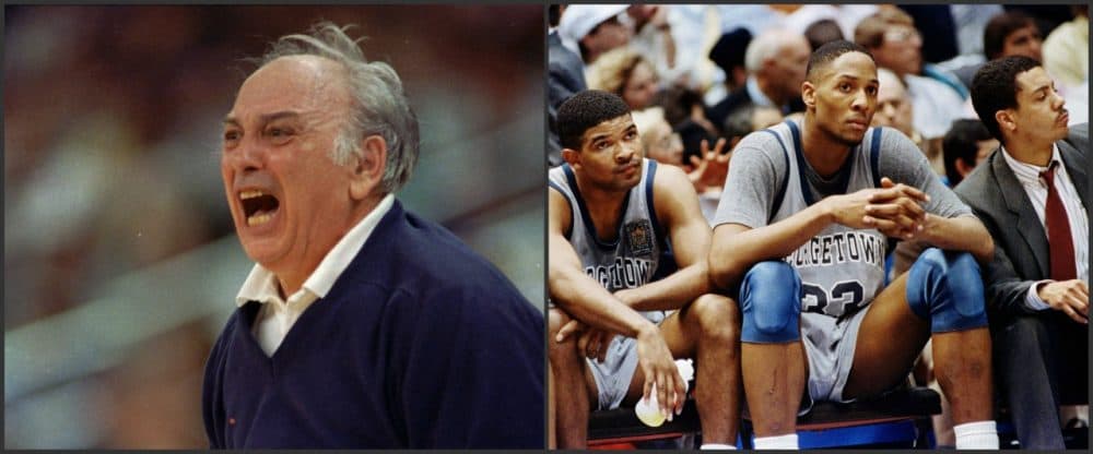 Princeton coach Pete Carril (left) was frustrated by the Tigers' loss to Georgetown in the 1989 NCAA tournament. Alonzo Mourning (right photo center) and the Hoyas suffered their own defeat in the Elite 8. (AP)