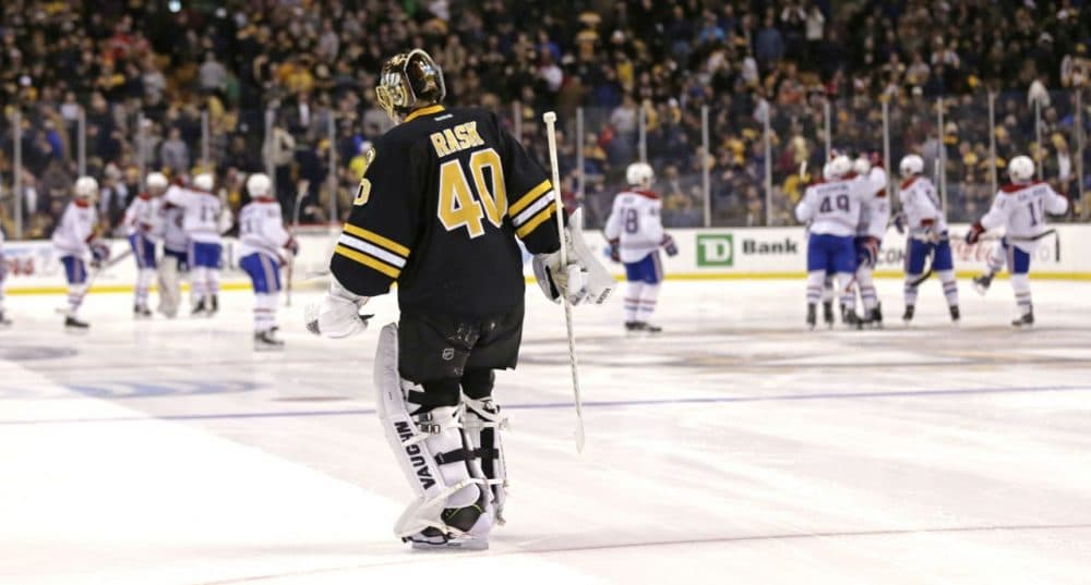 Boston Bruins goalie Tuukka Rask (40) skates to the bench after giving up the game winning goal by Montreal Canadiens center Alex Galchenyuk. (Charles Krupa/AP)