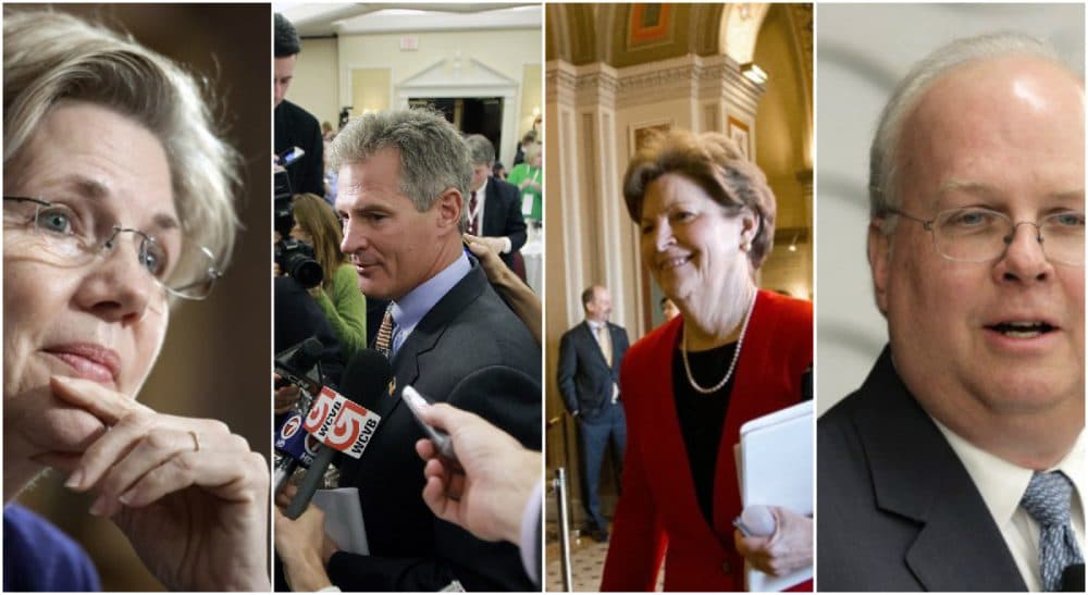 Paul E. Fallon: If I donate money to chip away at super PAC clout, I'm helping ensure that big money determines election outcomes. L-R, Elizabeth Warren, Scott Brown, Jeanne Shaheen, Karl Rove. (All photos/AP)
