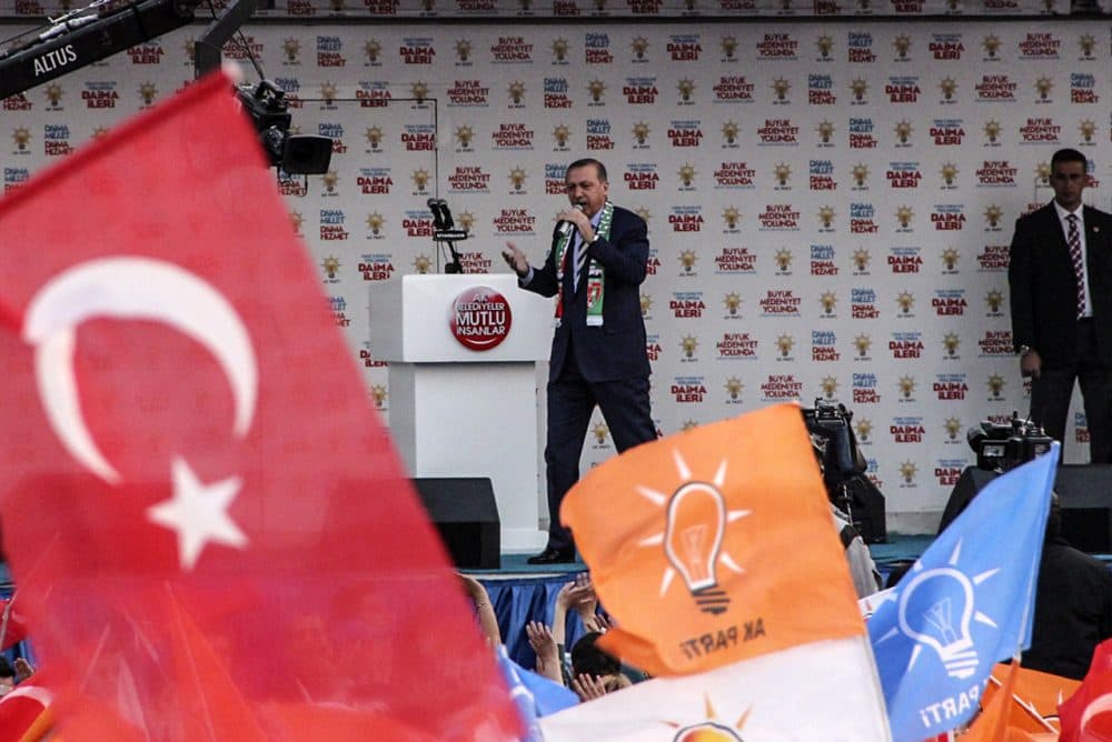 Turkish prime minister Recep Tayyip Erdogan speaks during a meeting in Diyarbakir on March 27. Edogan's AK party and the opposing CHP party have both warned voters to be wary of ballot fraud in local elections on Sunday, March 30. (Ilyas Akengin/AFP/Getty Images)