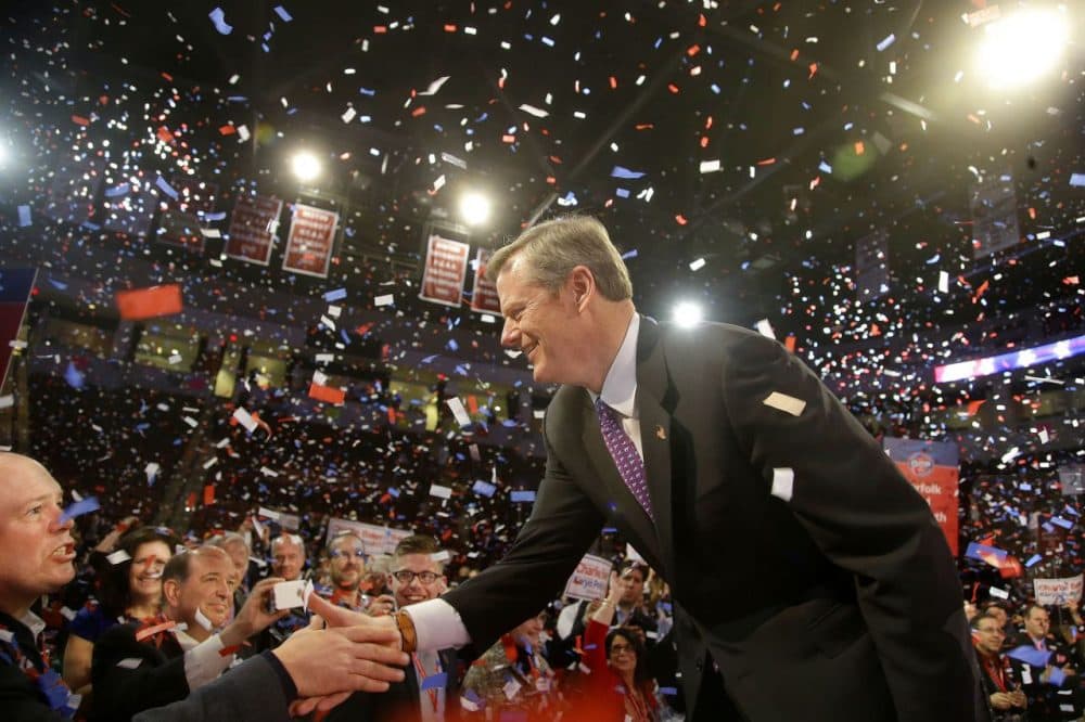 Charlie Baker the frontrunner and favorite in the Republican nomination process for governor greets a supporter after accepting the party's nomination at the Massachusetts Republican State Convention in Boston, Saturday, March 22, 2014. (Stephan Savoia/AP)