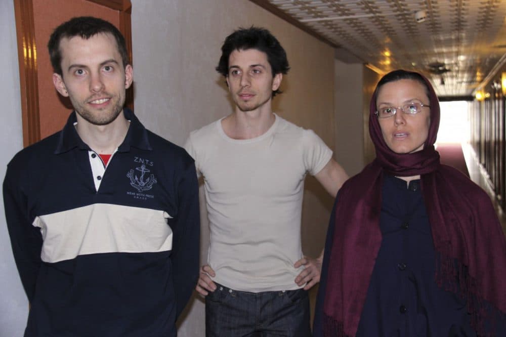 American hikers Shane Bauer, Josh Fattal and Sarah Shourd prior to meeting with their mothers at the Esteghlal hotel in Tehran on May 21, 2010. (AP/Press TV)