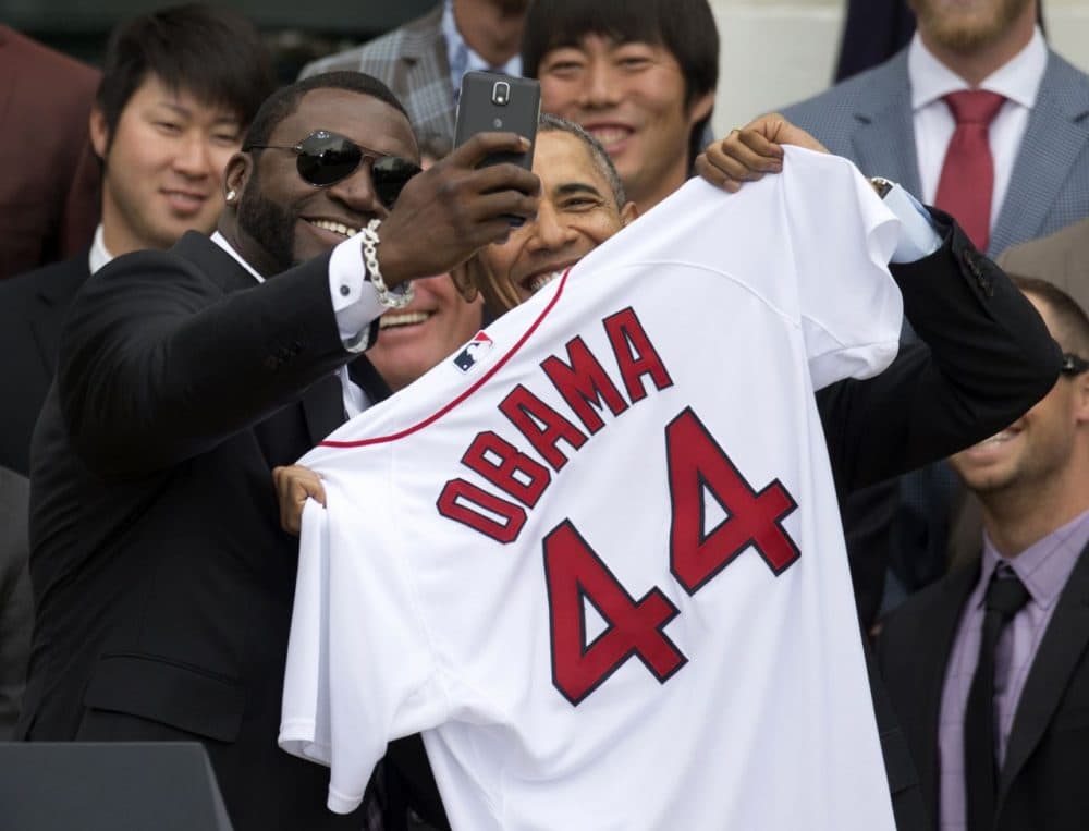 David &quot;Big Papi&quot; Ortiz presented President Barack Obama with a Red Sox jersey on the South Lawn of the White House. (Carolyn Kaster/AP)