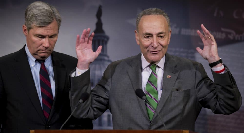 John Winters: To anyone who favors the general Democratic platform, it’s time to dig deep and pump in that filthy lucre.
In this photo, Sen. Charles Schumer, D-N.Y., right, accompanied by Sen. Sheldon Whitehouse, D-R.I., speak to reporters on Capitol Hill in Washington, Wednesday, April 2, 2014, about the Supreme Court's decision in the McCutcheon v. FEC case,  in which the Court struck down limits in federal law on the aggregate campaign contributions individual donors may make to candidates, political parties, and political action committees. (Manuel Balce Ceneta/AP) 