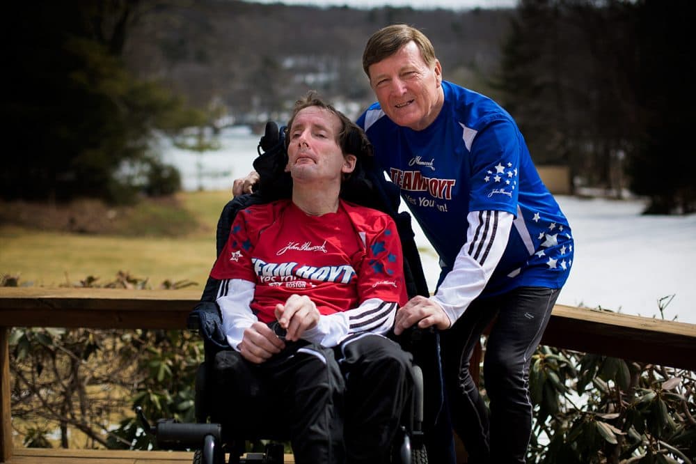 Rick and Dick Hoyt, Boston Marathon stalwarts since 1981, by the Hamilton Reservoir behind their home in Holland, Mass. (Jesse Costa/WBUR)