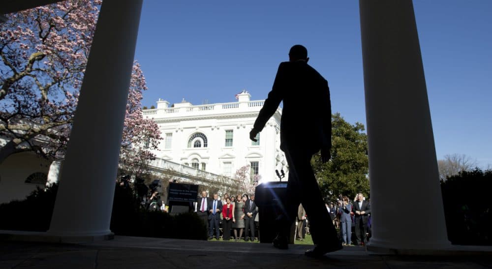 President Barack Obama arrives in the Rose Garden, Tuesday, April 1, 2014,  to trumpet 7.1 million signups under the Affordable Care Act. (Carolyn Kaster/AP) 