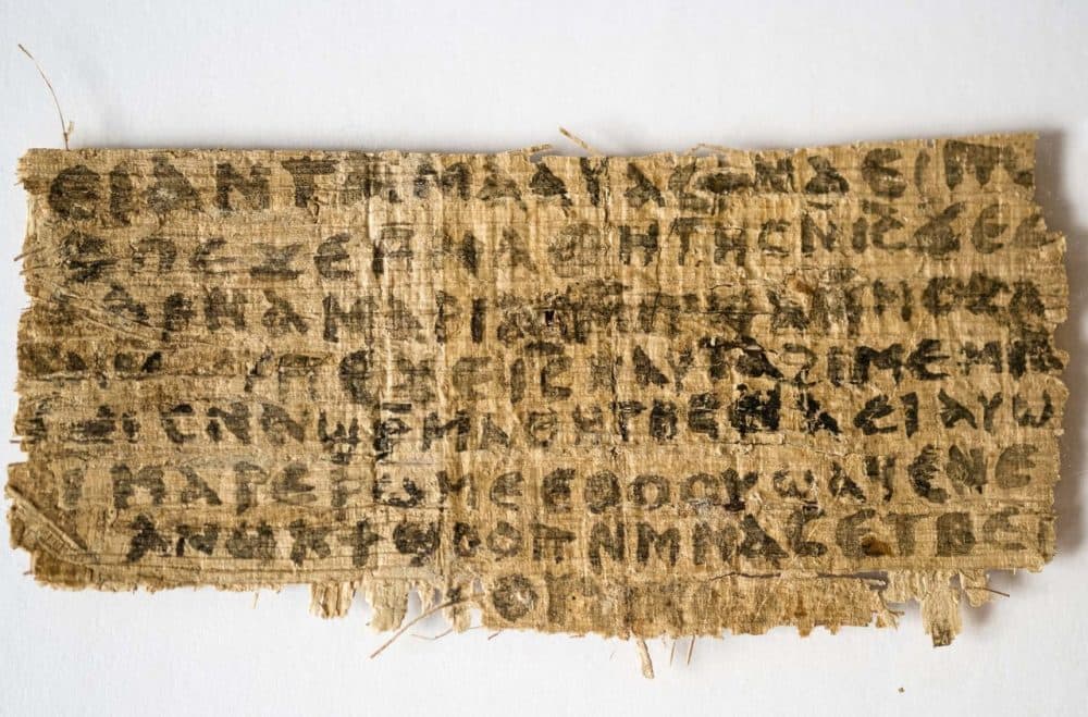 New testing finds that this piece of papyrus, which refers to Jesus speaking of a wife, is very likely an ancient document. (Harvard University, Karen King/AP)