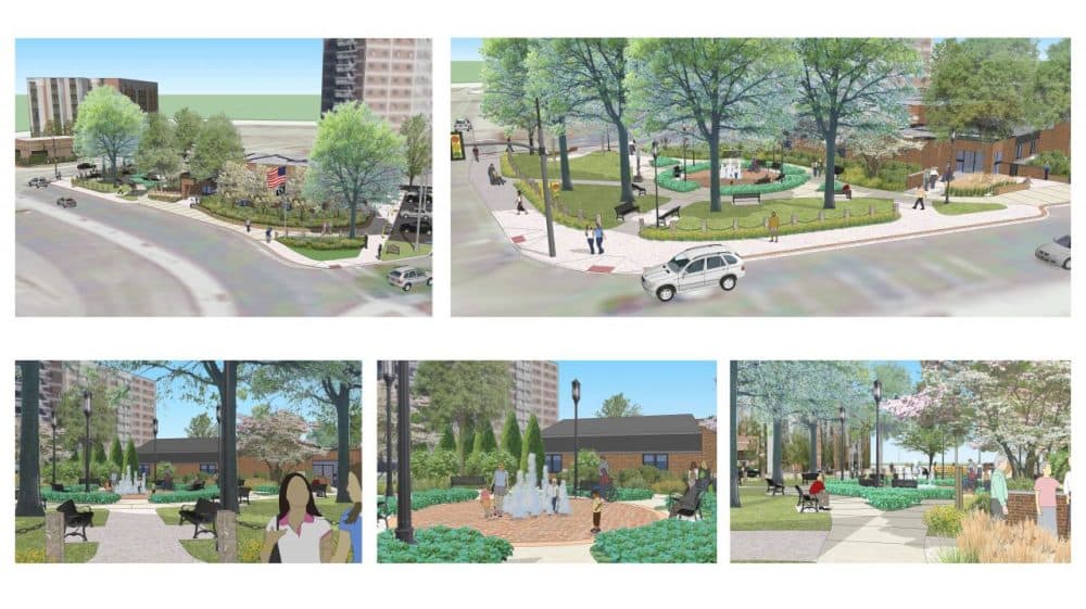 The garden commemorating marathon bombing victims will include a central seating area and five fountains. (Courtesy Shadley Associates)