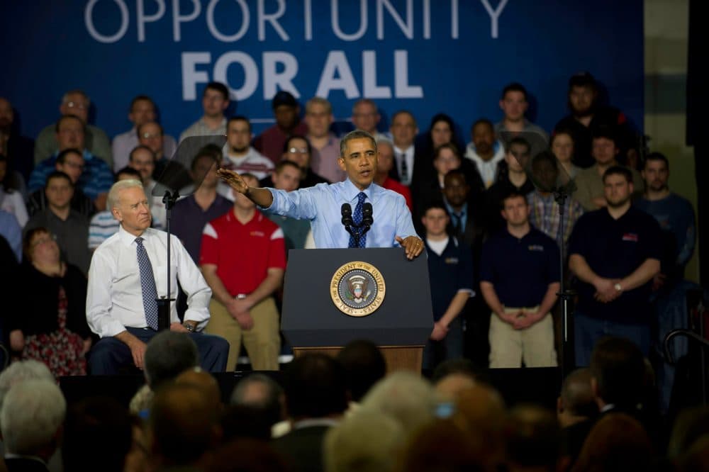 U.S. President Barack Obama and Vice President Joe Biden speak to guests at the Community College of Allegheny County on April 16, 2014 in Oakdale, Pennsylvania. The president and vice president are announcing new federal investments using existing funds to support job-driven training, like apprenticeships, that will expand partnerships with industry, businesses, unions, community colleges, and training organizations to train workers in the skills they need. (Jeff Swensen/Getty Images)