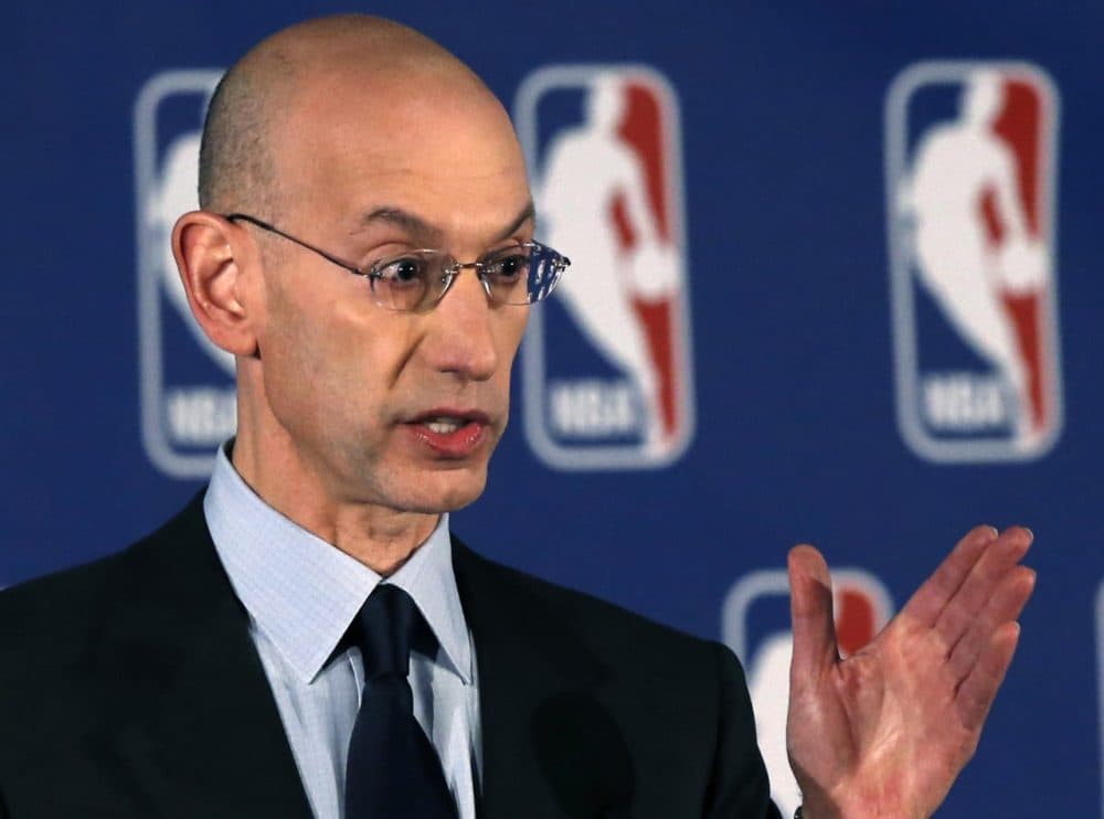 NBA commissioner Adam Silver gestures as he announces that the NBA will ban NBA Clippers owner Donald Sterling from the sport for life and slapped Sterling with a $2.5 million fine for racist remarks heard on a video and subsequently investigated by the NBA, Tuesday, April 29, 2014, in New York. (AP)