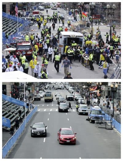 This combination of April 15, 2013 and April 14, 2014 photos shows medical workers aiding injured people on Boylston Street near the finish line of the 2013 Boston Marathon following two bomb explosions, and nearly a year later traffic flowing on the same street as preparations are being made for the 2014 Boston Marathon in Boston. 