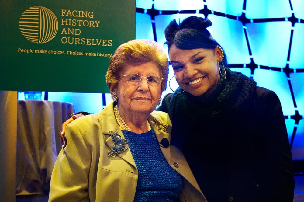 Rena Finder (left) has been teaching thousands of students like Asia Suttles (right) about the Holocaust through the program Facing History and Ourselves. (Gabrielle Emanuel/WBUR) 