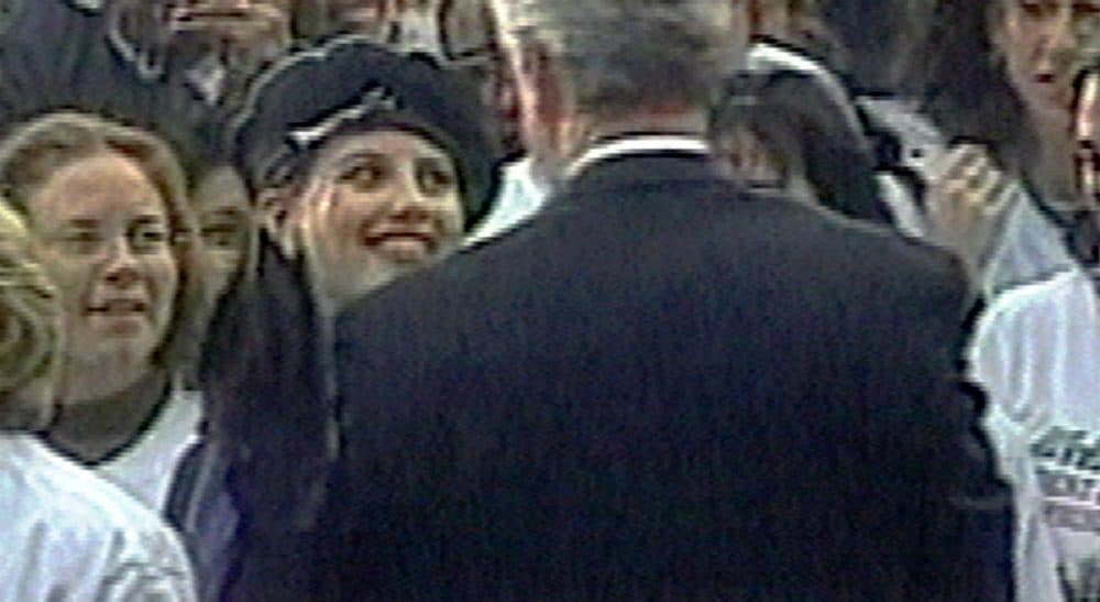 Monica Lewinsky has penned a new piece about her relationship with President Clinton. This has Steve Almond thinking about the use and abuse of the former White House intern -- and what it says about us. In this image taken from video, Lewinsky (wearing beret) smiles at Clinton as he greets well-wishers at a White House lawn party in Washington Nov. 6, 1996. (AP)