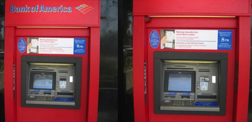 The ATM pictured on the right below is shown with the card skimmer and video camera (upper left) attached. Click the image for a slightly larger look. (Courtesy Krebs on Security)