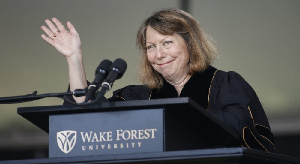 “Everyone is fungible”: It's not the most uplifting message for college grads, says Carey Goldberg, but it’s the truth. In this photo, Abramson, former executive editor of The New York Times, speaks at the commencement ceremony at Wake Forest University on Monday, May 19, 2014. (Neil Redmond/AP)