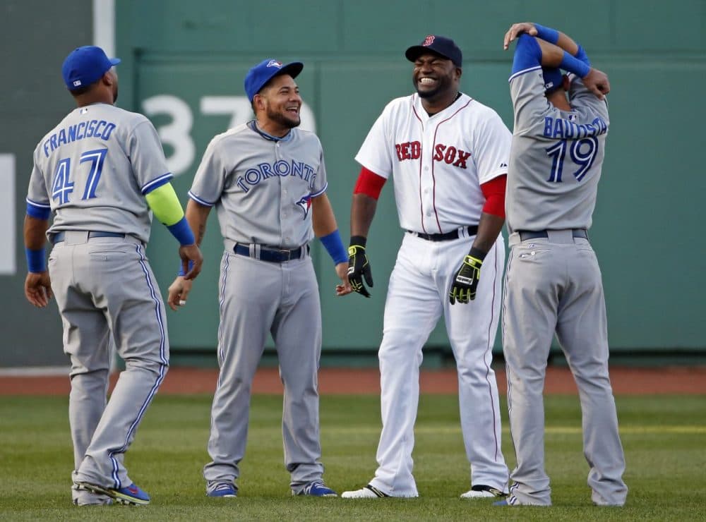 Blue Jays Red Sox Baseball
Boston Red Sox's David Ortiz laughs in the outfield with Toronto Blue Jays' Juan Francisco (47), Melky Cabrera, middle, and Jose Bautista (19). (AP/Elise Amendola)