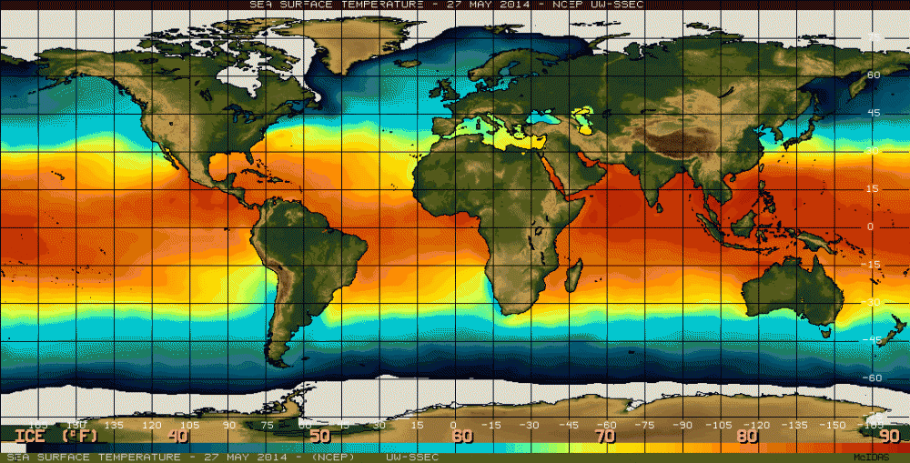 Pictured are sea surface temperatures in the equatorial Pacific Ocean. El Niño is characterized by unusually warm temperatures, and La Niña by unusually cool temperatures in the equatorial Pacific. (NOAA)