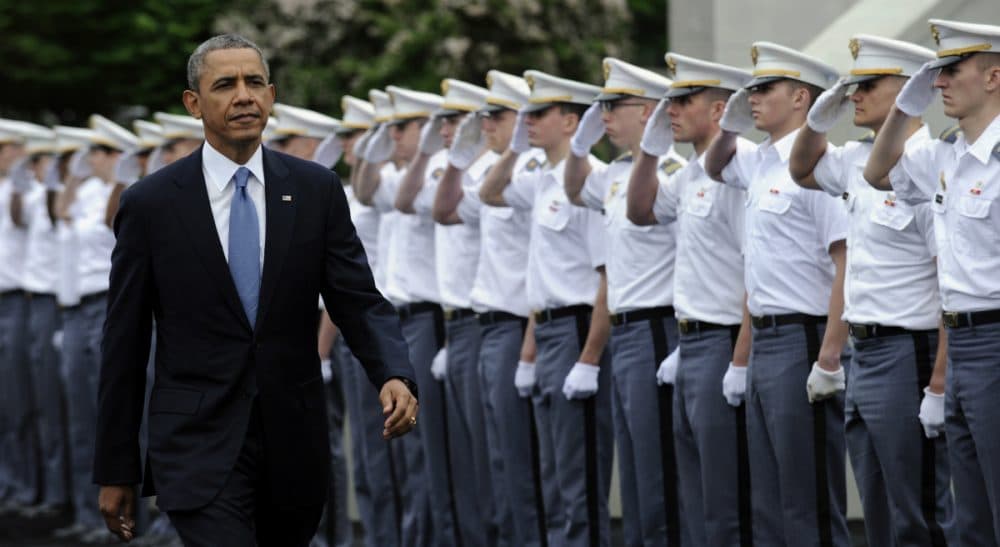 President Barack Obama arrives to deliver the commencement address to the U.S. Military Academy at West Point, Wednesday, May 28, 2014. In a broad defense of his foreign policy, the president declared that the U.S. remains the world's most indispensable nation, even after a &quot;long season of war,&quot; but argued for restraint before embarking on more military adventures. (Susan Walsh/AP)