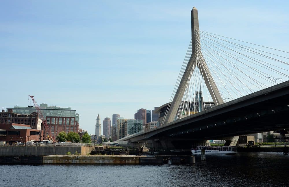 The Leonard P. Zakim Bunker Hill Memorial Bridge, reaching across the Charles River, Boston. (Robin Lubbock/WBUR)