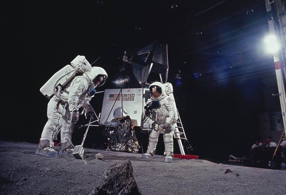 In this 1969 file photo, astronauts Edwin E. Aldrin and Neil Armstrong rehearse tasks they will perform on the moon after landing in July 1969 during the Apollo 11 mission. (AP)