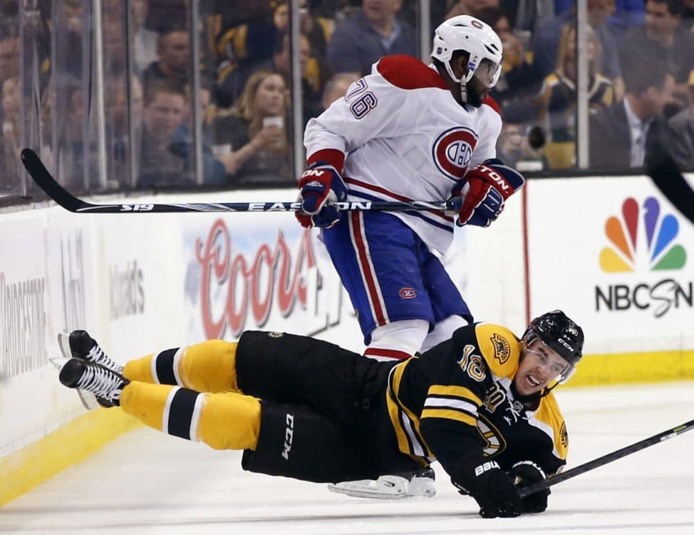 The two teams have played more postseason series against one another than any other NHL team. Above, Bruins right wing Reilly Smith crashed with Montreal Canadiens defenseman P.K. Subban, in Game 1 of the Eastern conference Semi-finals . (Elise Amendola/AP)