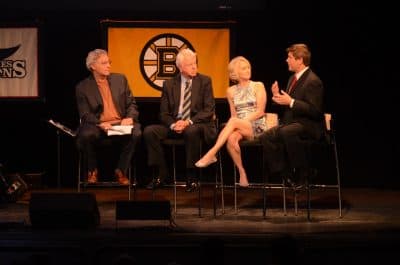 Bill Littlefield was joined (from left to right) by Bob Ryan, Andrea Kremer and Will Leitch. (Robin Lubbock/WBUR)