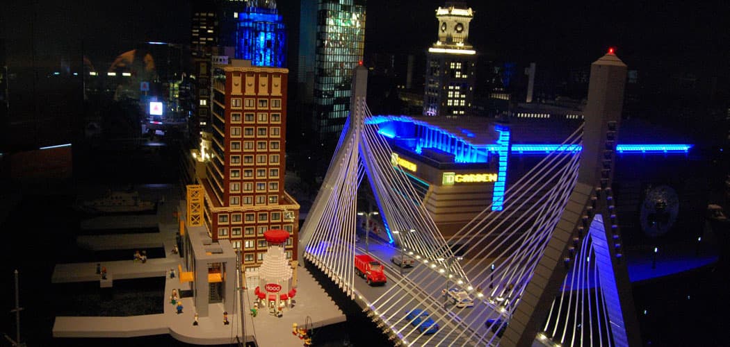 The Zakim Bunker Hill Bridge is a landmark at the center of Legoland’s “Miniland” model of Boston. (Greg Cook)