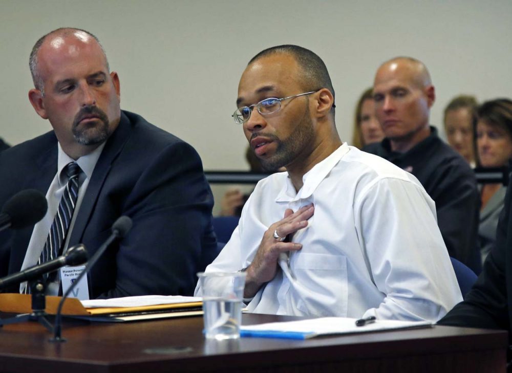 Frederick Christian speaks on his own behalf during a hearing before the state's parole board in Natick last month. (Elise Amendola/AP)