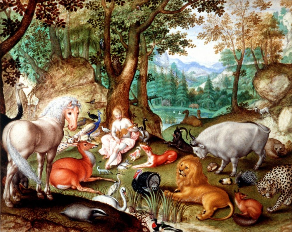 Jacob Hoefnagel's 1613 painting, &quot;Orpheus and the Animals,&quot; shows a serene Greek god seducing wild animals with his music. (AP)