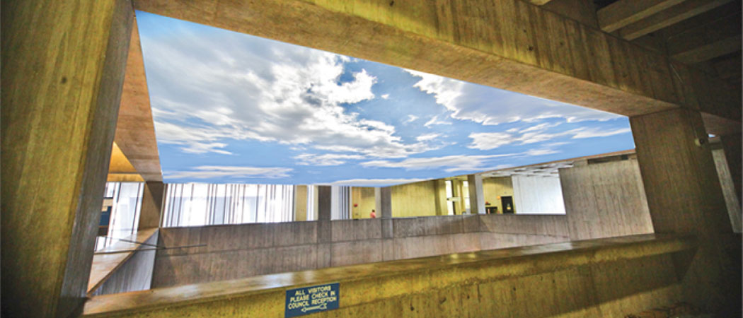 &quot;Lobby Sky&quot; will include a 55 foot by 41 foot mural of the sky stretched over the ceiling of City Hall's lobby. (City of Boston)