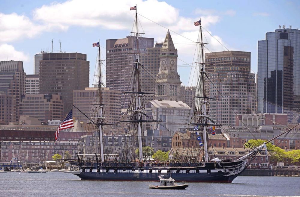 The USS Constitution sailed to Castle Island to fire a 21-gun cannon salute to Fort Independence in honor of the 70th anniversary of D-Day Friday in Boston. (Stephan Savoia/AP)