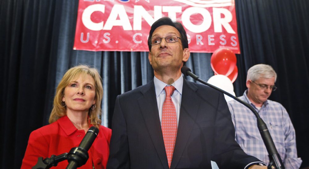 The House majority leader was felled in his Republican primary this week. And the Grand Old Party sees more clouds ahead. In this photo, Cantor, R-Va., delivers his concession speech as his wife, Diana, listens in Richmond, Va., Tuesday, June 10, 2014. Cantor lost in the GOP primary to tea party candidate Dave Brat. (Steve Helber/AP)