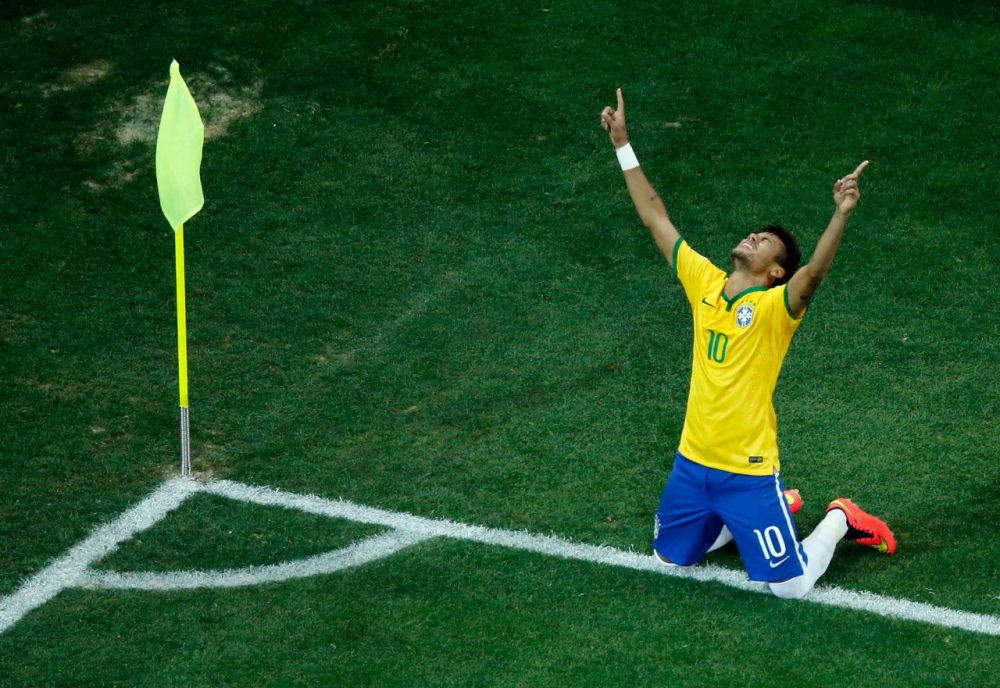 Brazilian phenom Neymar celebrates his second goal of the opening match at the World Cup. Brazil defeated Croatia 3-1. (Fabrizio Bensch - Pool/Getty Images)