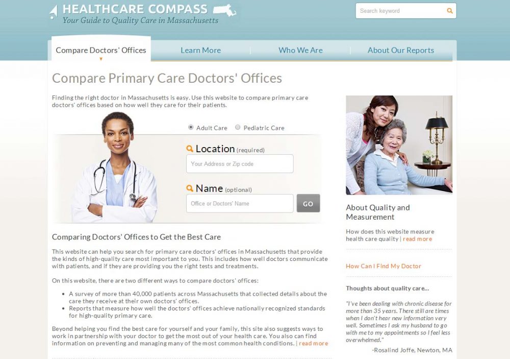 A screenshot of MHQP's new Healthcare Compass website. 