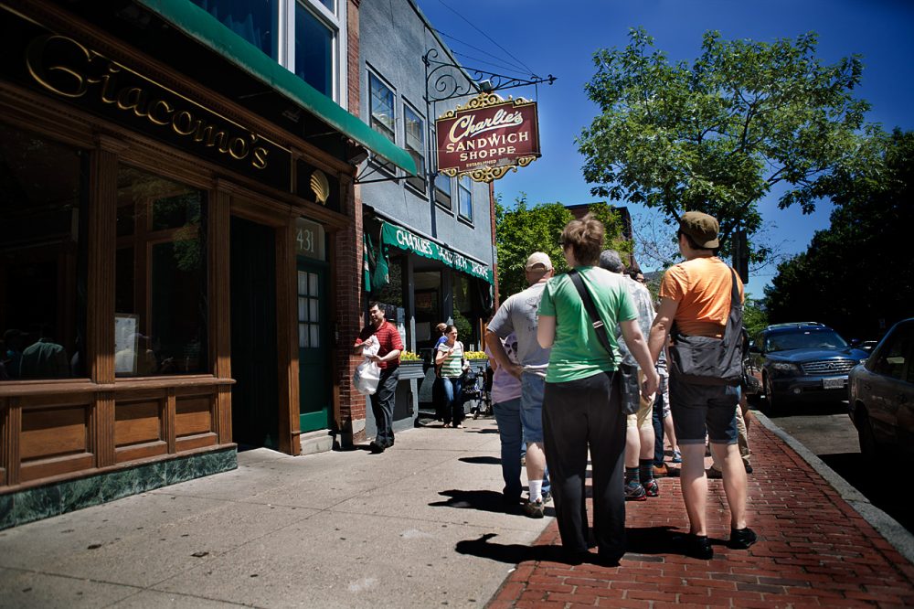 A line forms outside of the family run Charlie’s Sandwich Shoppe will be closing this Saturday after being in business since 1929. (Jesse Costa/WBUR)